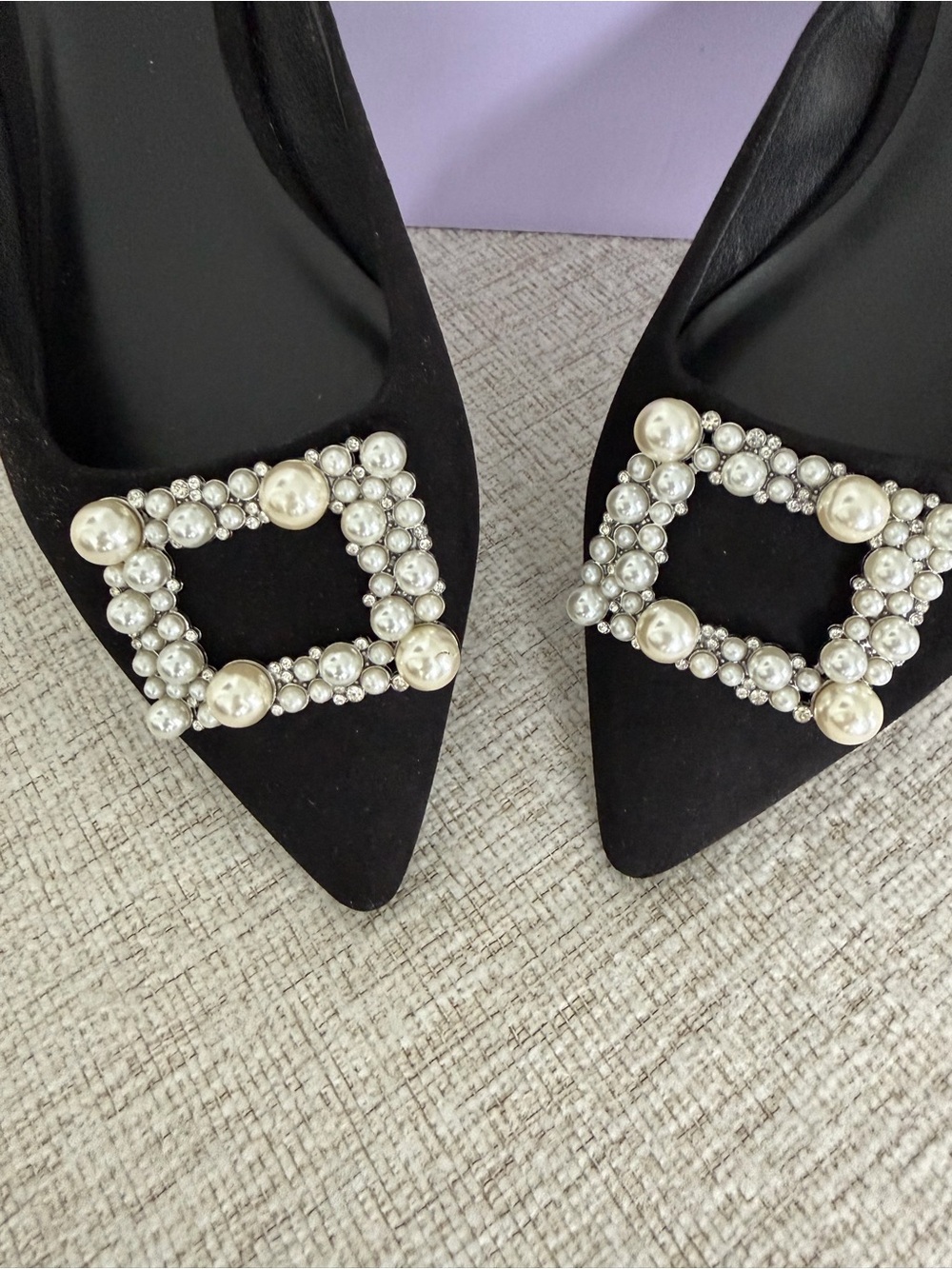 Madden Girl Black Pointed Pearl-Buckle Mules